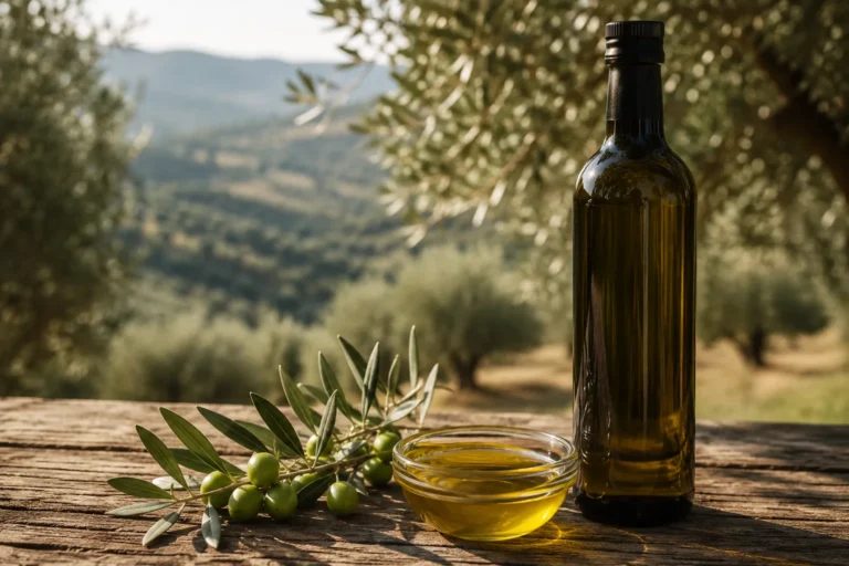 Botella de aceite de oliva virgen extra de Málaga junto a aceitunas de la variedad hojiblanca
