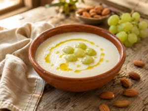 Ajoblanco malagueño con uvas moscatel y aceite de oliva virgen extra en cuenco de barro