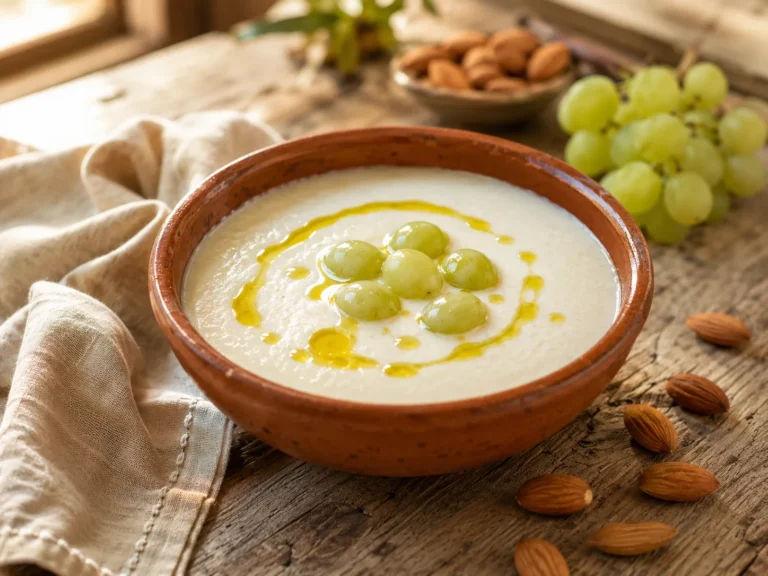 Ajoblanco malagueño con uvas moscatel y aceite de oliva virgen extra en cuenco de barro