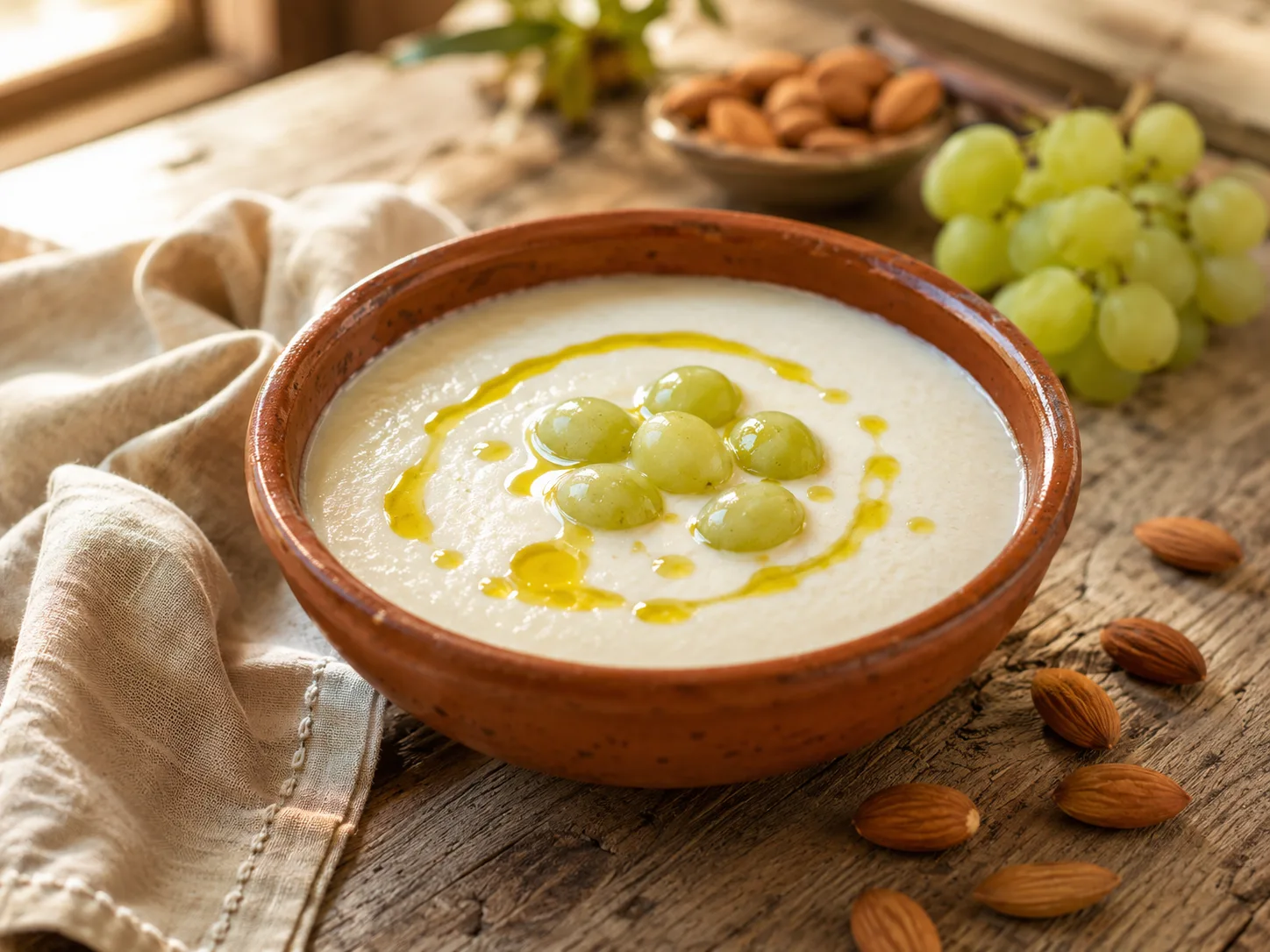 Ajoblanco malagueño con uvas moscatel y aceite de oliva virgen extra en cuenco de barro