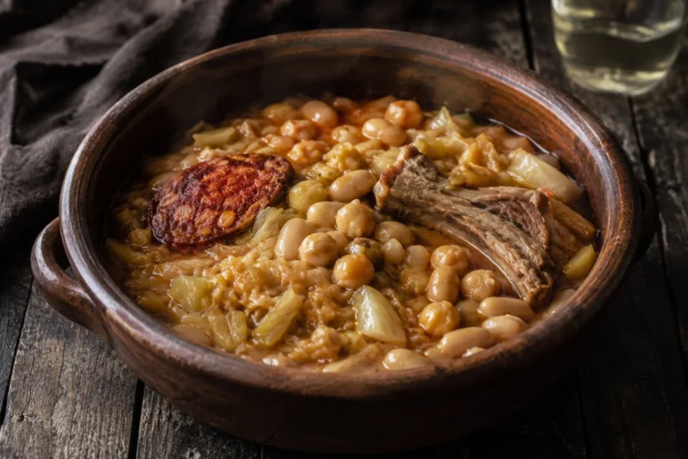 Berza malagueña en cazuela de barro con garbanzos, judías, col y chorizo