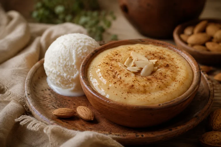 Bienmesabe malagueño en cuenco de barro con crema de almendras y canela molida
