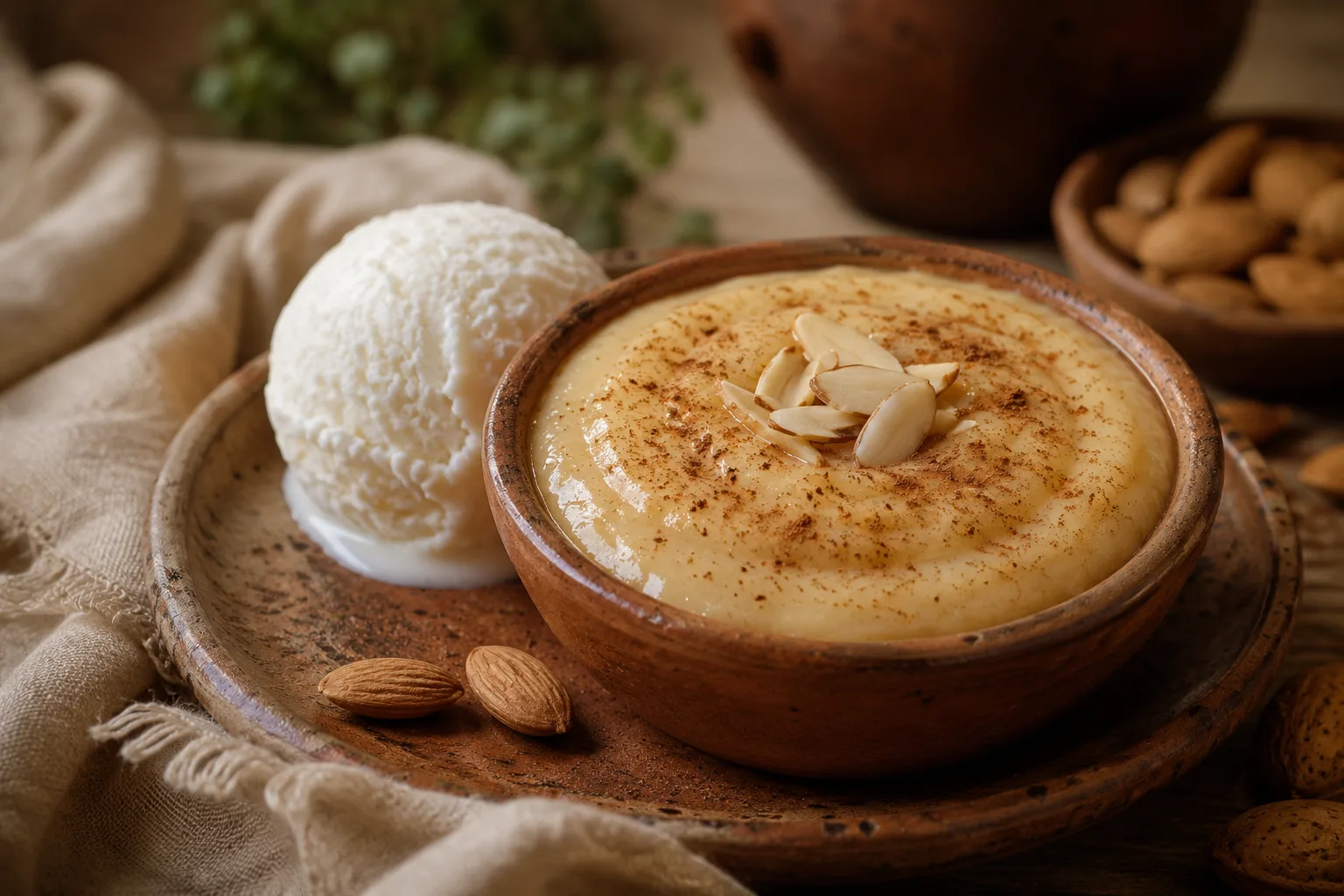 Bienmesabe malagueño en cuenco de barro con crema de almendras y canela molida