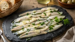Boquerones en vinagre al estilo malagueño aliñados con aceite de oliva, ajo picado y perejil fresco