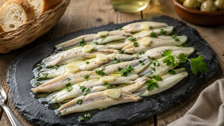 Boquerones en vinagre al estilo malagueño aliñados con aceite de oliva, ajo picado y perejil fresco