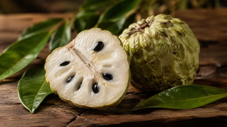 Chirimoya de la Axarquía cortada por la mitad mostrando la pulpa blanca y cremosa