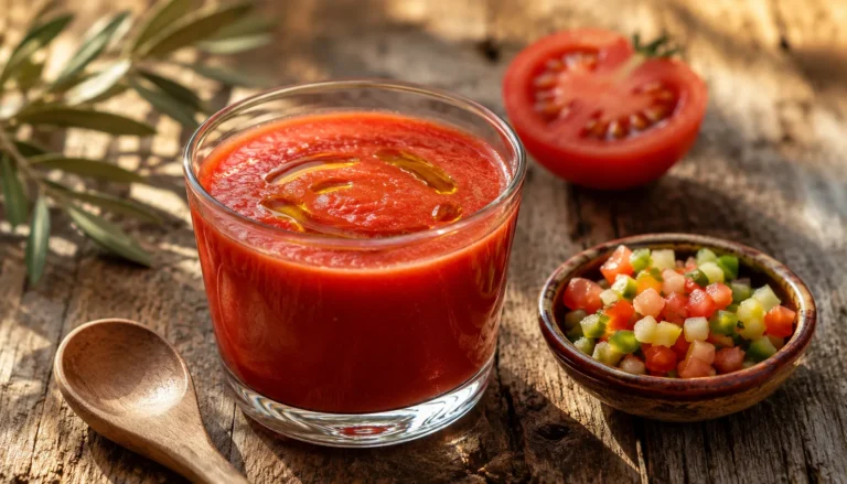 Gazpacho malagueño en vaso con guarnición de verduras y aceite de oliva virgen extra