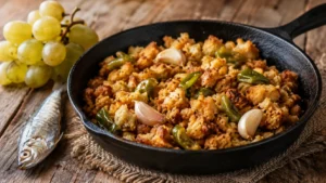 Migas malagueñas doradas en sartén de hierro con ajo, uvas frescas y sardina