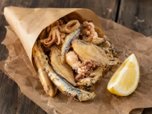 Cucurucho de pescaíto frito con boquerones, chopitos y acedías sobre papel de estraza