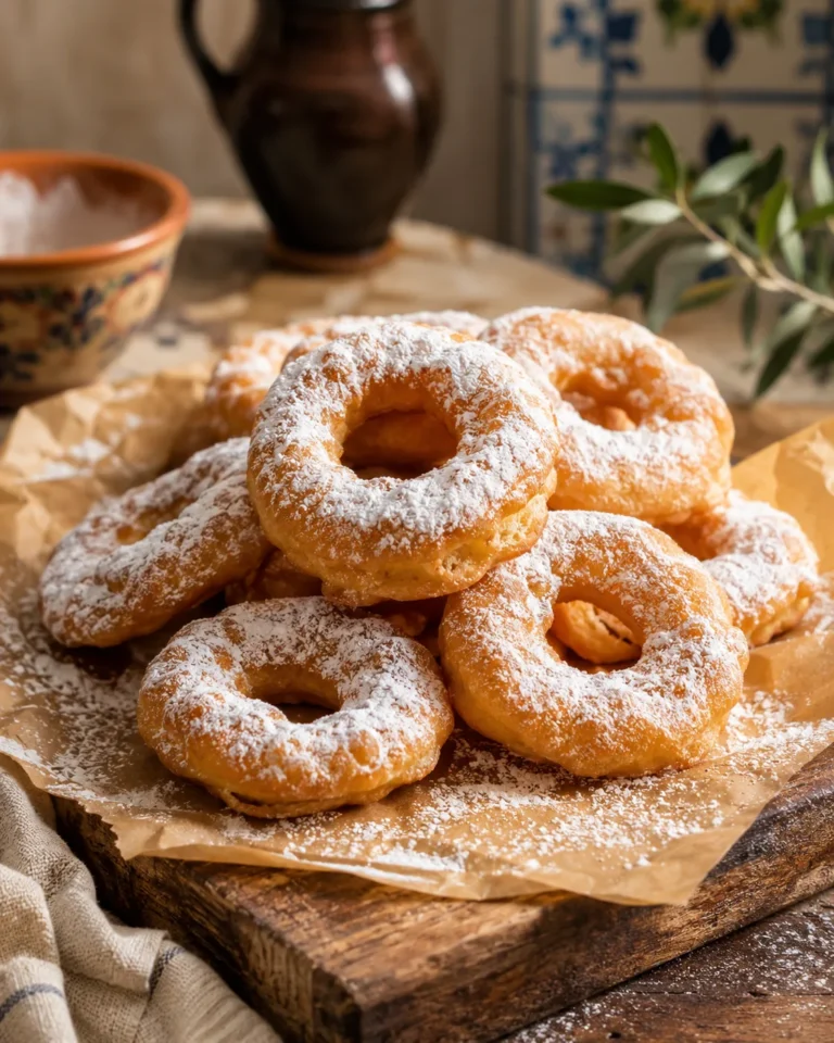Roscos fritos malagueños espolvoreados con azúcar glas sobre papel de estraza