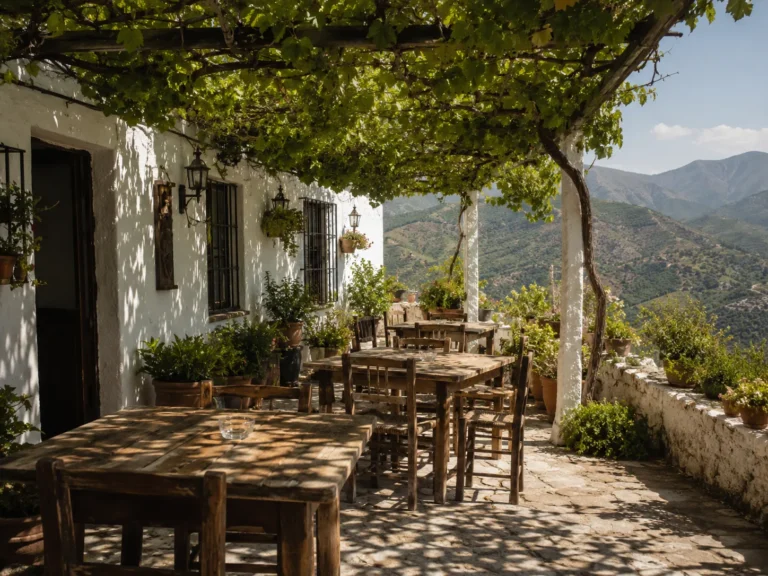 Terraza de una venta malagueña tradicional con mesas bajo parra y vistas a la serranía