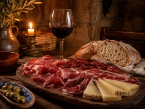 Mesa de venta de la serranía de Ronda con embutidos ibéricos, queso local y vino tinto