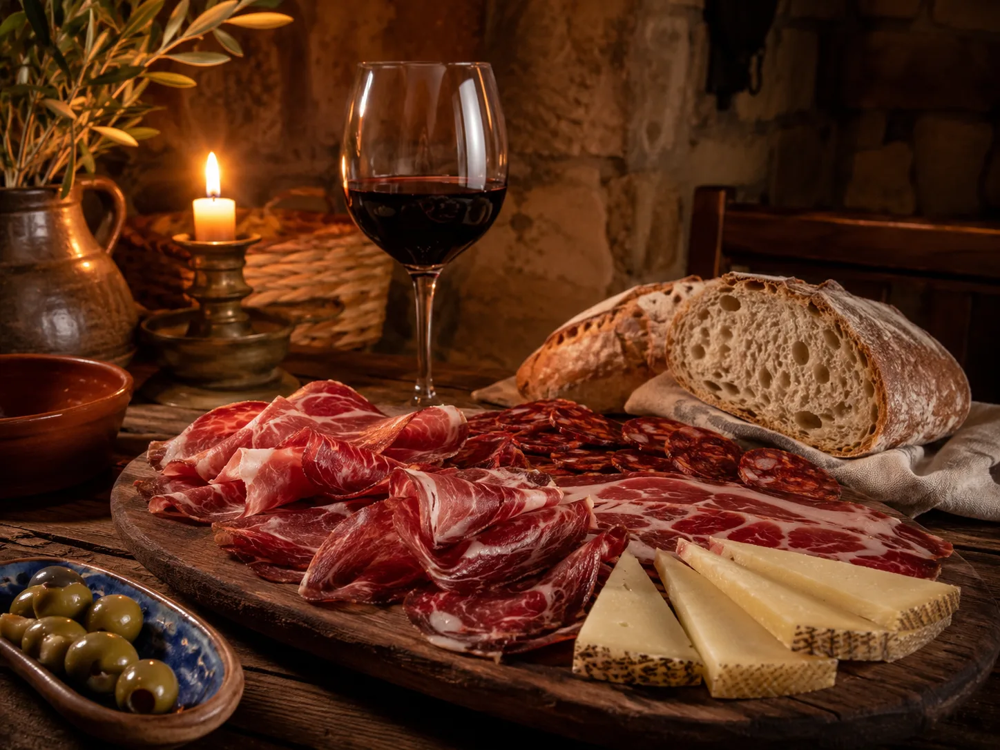 Mesa de venta de la serranía de Ronda con embutidos ibéricos, queso local y vino tinto