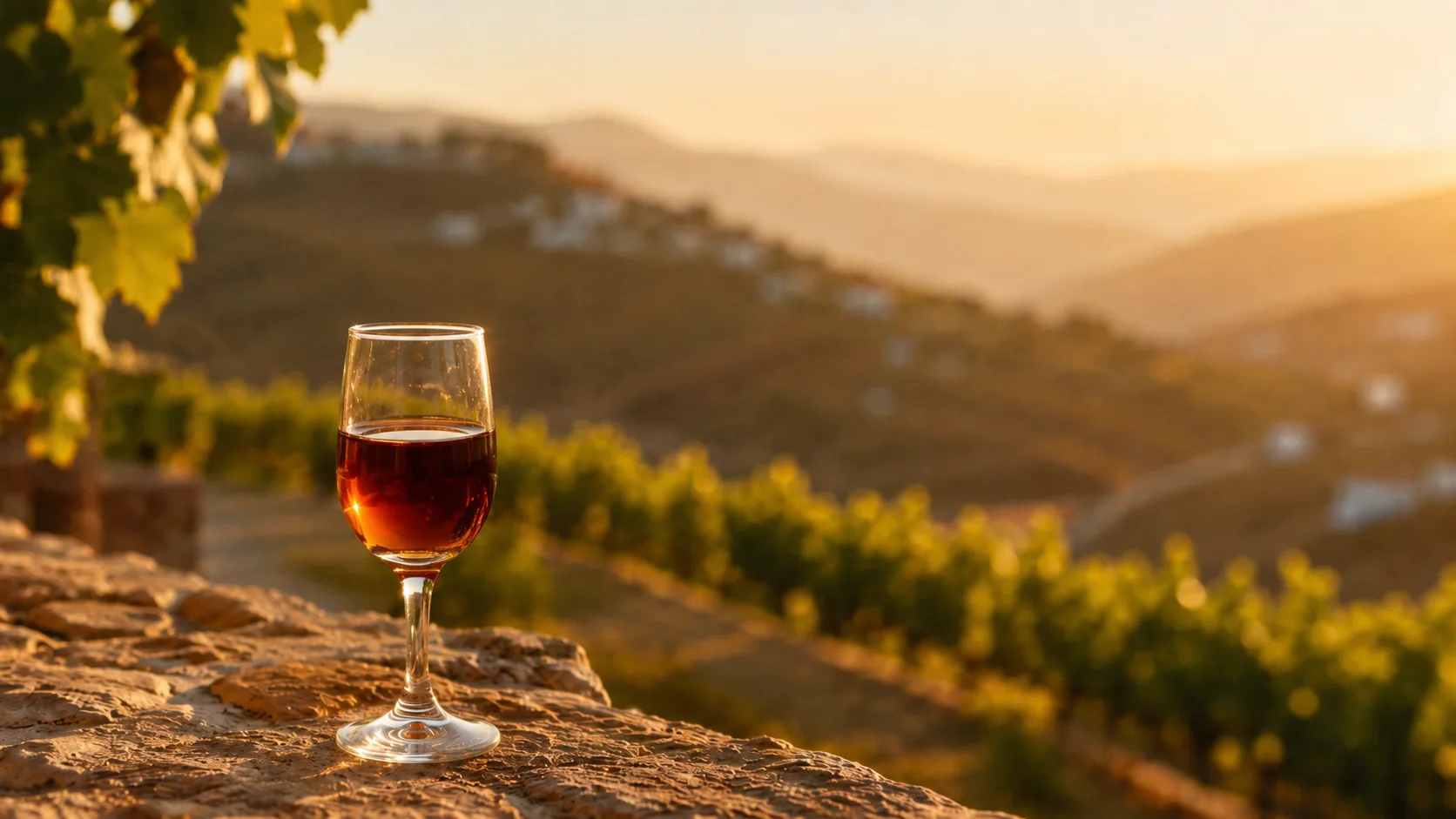 Copa de vino dulce moscatel de Málaga con color ámbar dorado y viñedos de la Axarquía al fondo